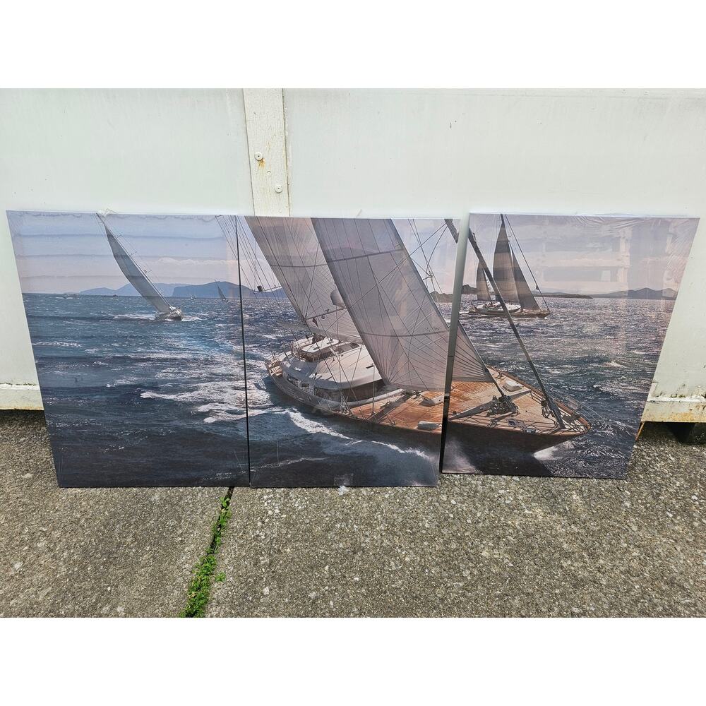 TUMOVO Canvas Yacht Wall Art Sailboat Paintings 3 Panel Seascape, 60" Wx28 H